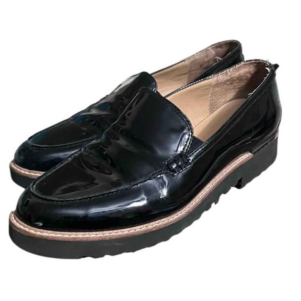 Franco Sarto Cypress Black Patent Lug Sole Loafers Preppy Office Size 7 flats